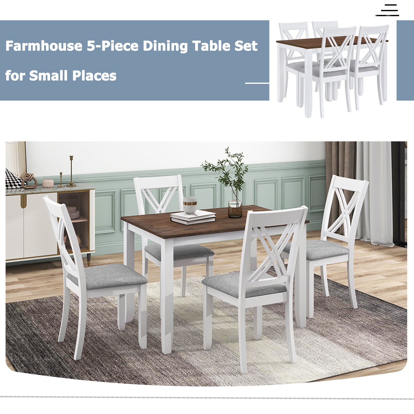 TOPMAX Rustic Minimalist Wood 5-Piece Dining Table Set with 4 X-Back Chairs for Small Places, White