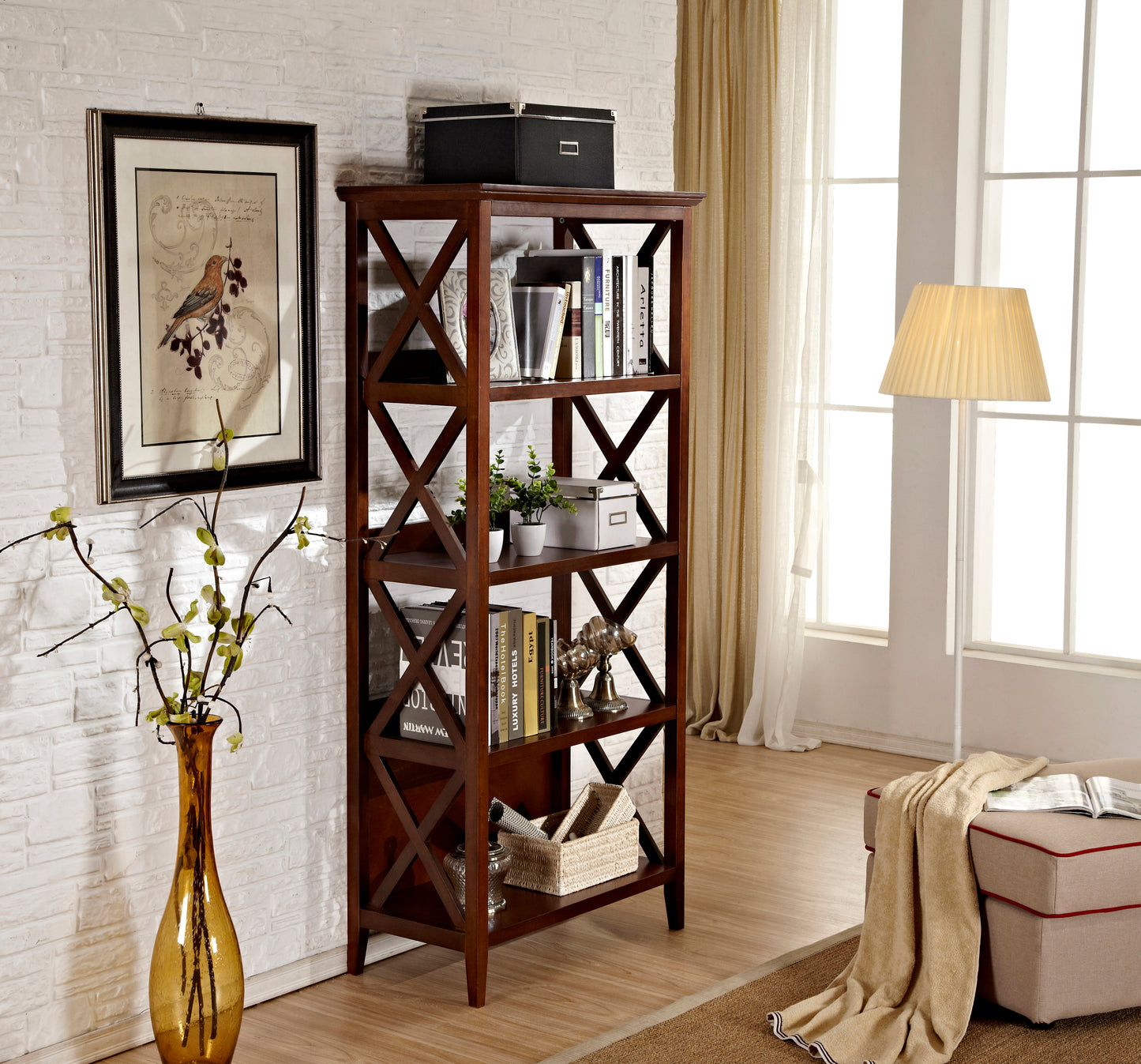 4 Tier Bookcases, 67‘’ Bookshelf with Sturdy Solid Frame, Shelves for Home and Office Organizer, Walnut