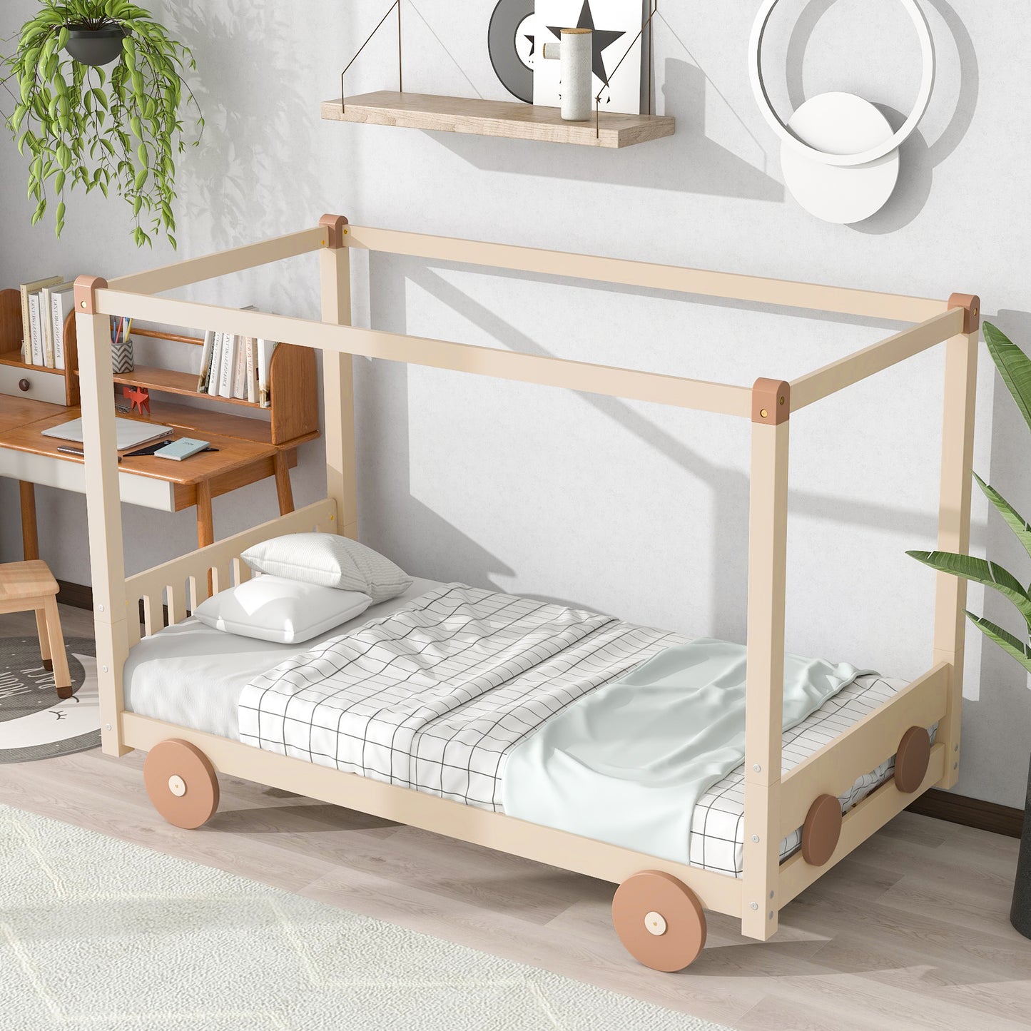 Twin Size Canopy Car-Shaped Platform Bed,Natural+Brown