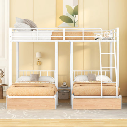 Full Over Twin & Twin Bunk Bed, Metal Triple Bunk Bed with Drawers and Guardrails, White