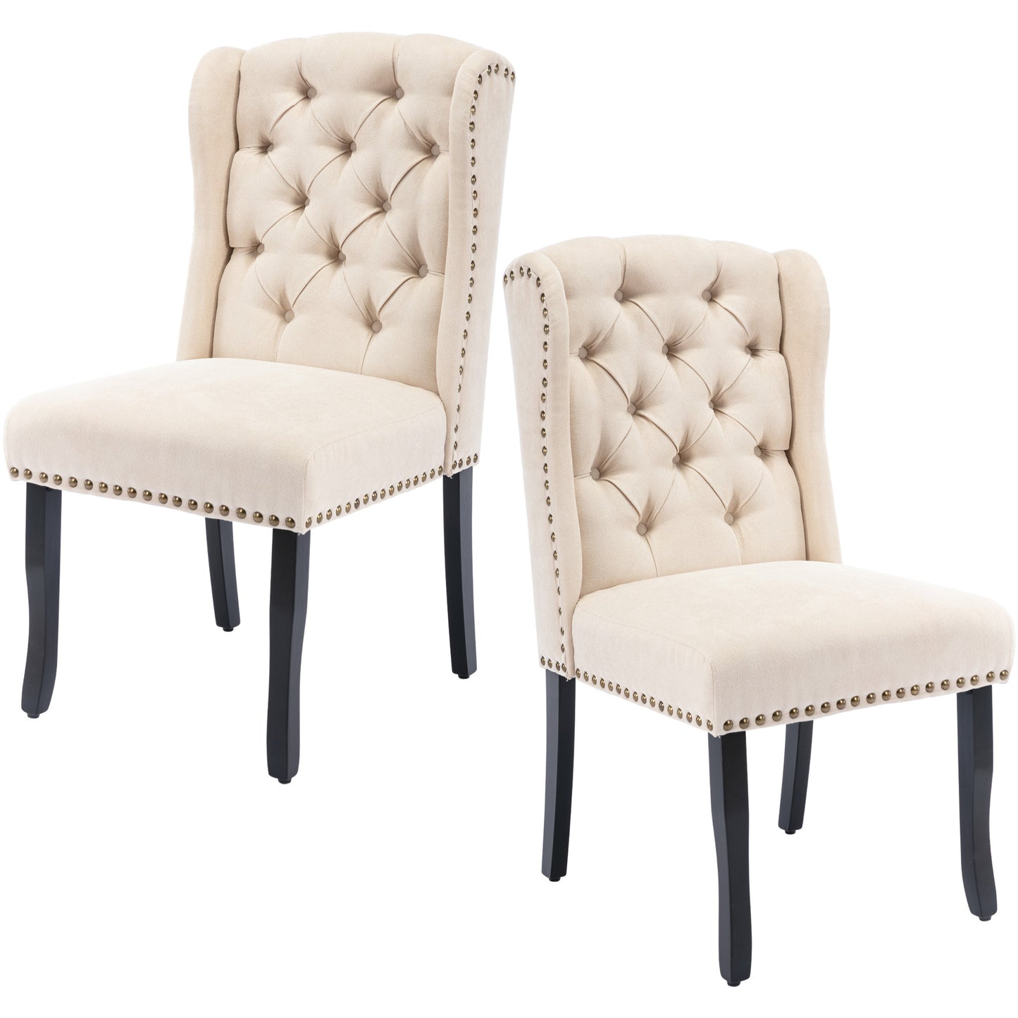 TREXM Cotton Fabric Dining Chairs Set of 2, Upholstered Dining Room Chairs with Solid Wood Legs, Wingback and Button Tufting (Beige)