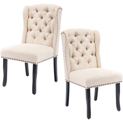 TREXM Cotton Fabric Dining Chairs Set of 2, Upholstered Dining Room Chairs with Solid Wood Legs, Wingback and Button Tufting (Beige)