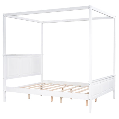 Queen Size Canopy Platform Bed with Headboard and Footboard,Slat Support Leg,White