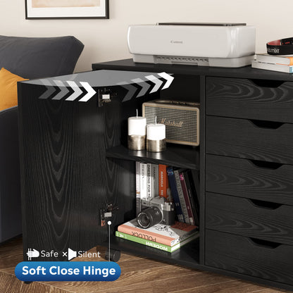 5-Drawer Wood Dresser Chest with Door, Mobile Storage Cabinet, Printer Stand for Home Office