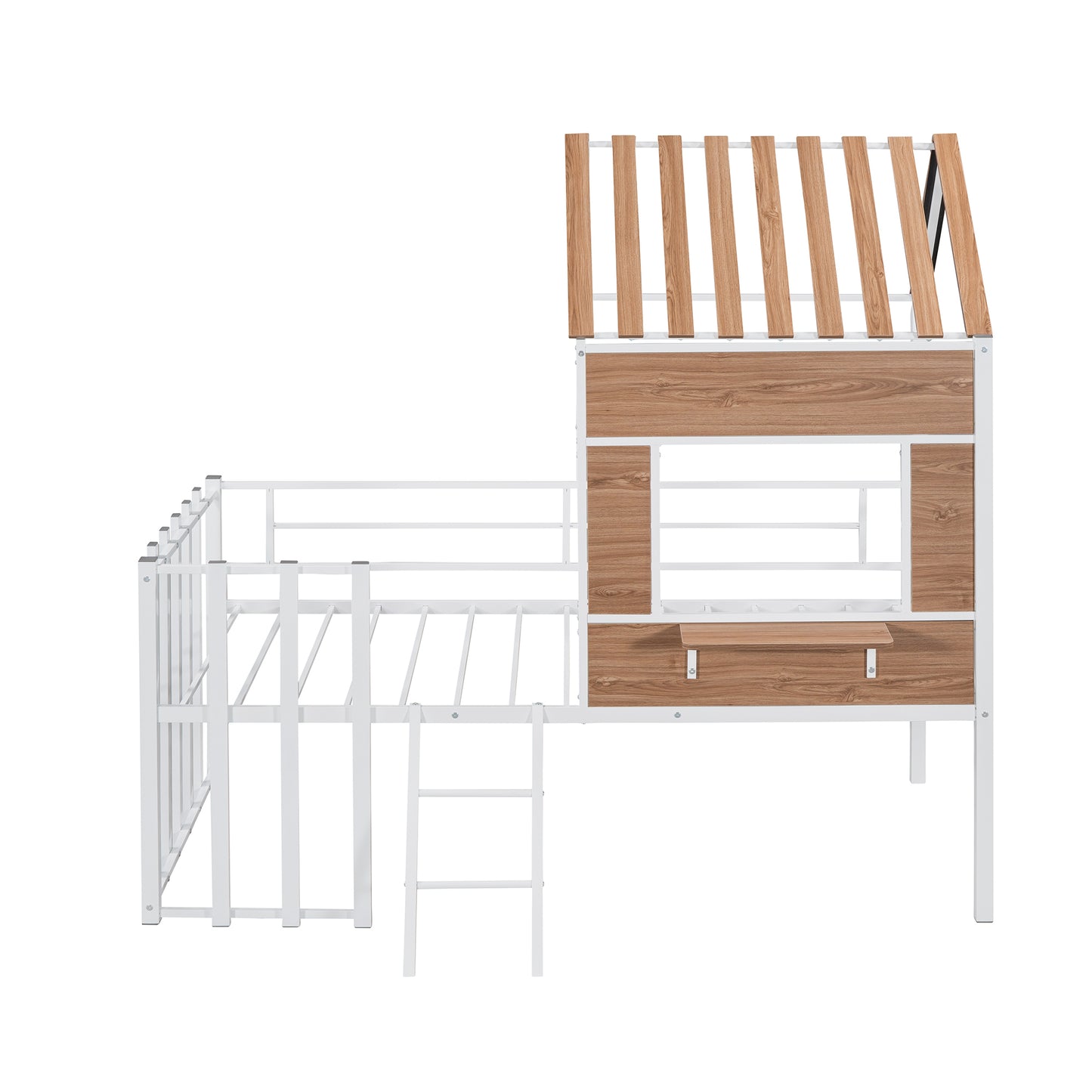 Metal Twin size Loft Bed with Roof, Window, Guardrail, Ladder White