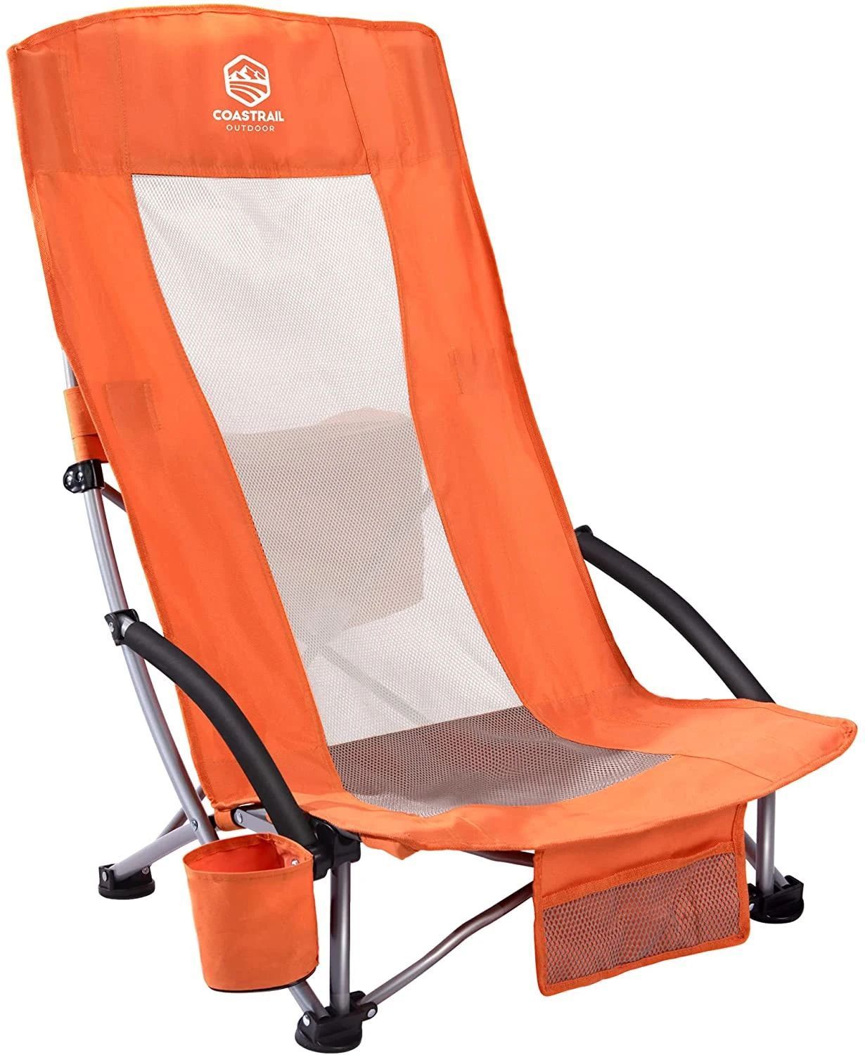 Outdoor Foldable Camp Mesh Chair with a Cup Holder, High Back Low Seat Bench Chair, 600D Oxford Cloth Steel Frame