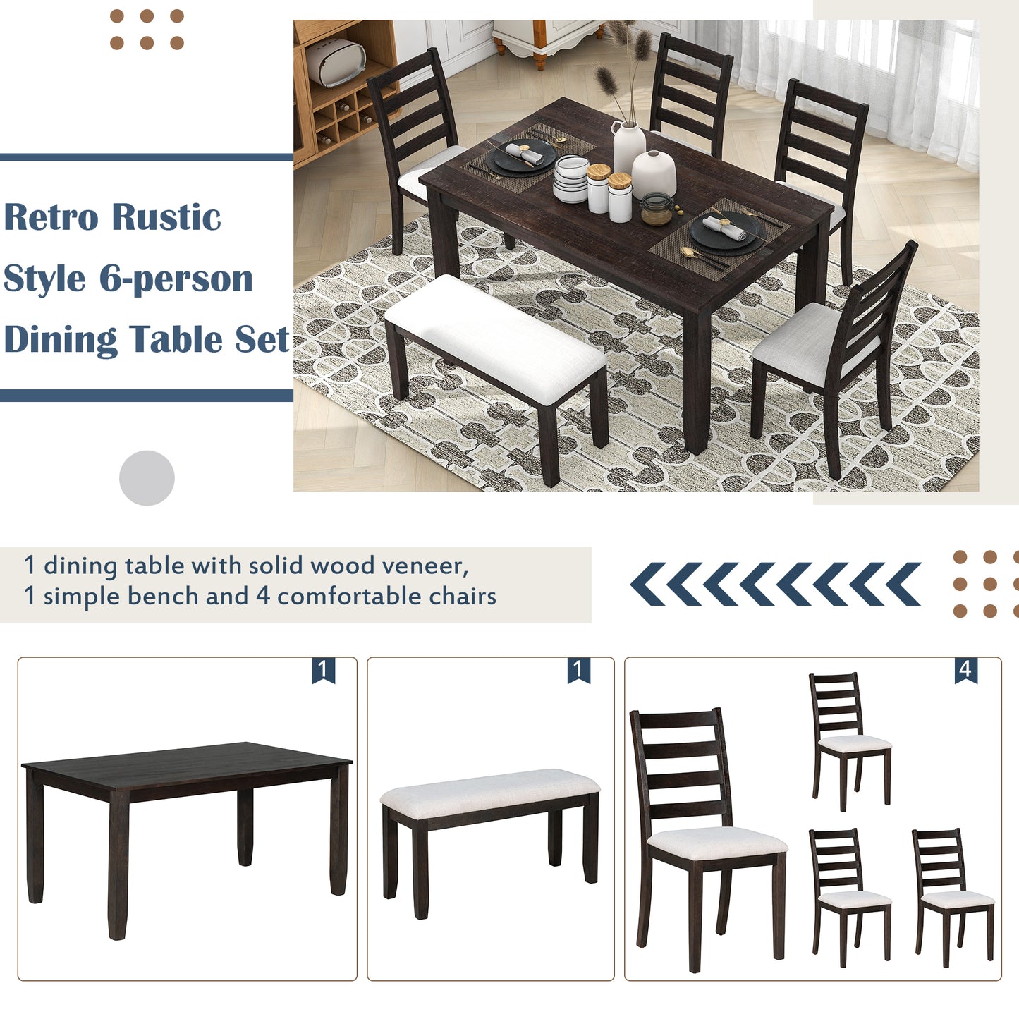 TREXM Rustic Style 6-Piece Dining Room Table Set with 4 Upholstered Chairs & a Bench (Espresso)