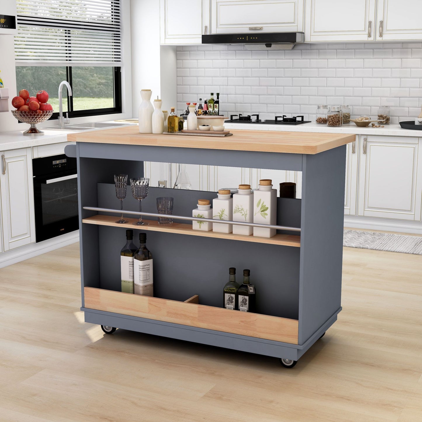 Kitchen Cart Rolling Mobile Kitchen Island Solid Wood Top, Kitchen Cart With 2 Drawers,Tableware Cabinet（Grey Blue）