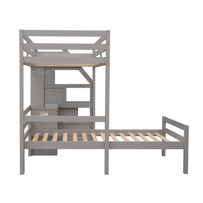 Twin Size Loft Bed with a Stand-alone Bed, Storage Staircase, Desk, Shelves and Drawers, Gray