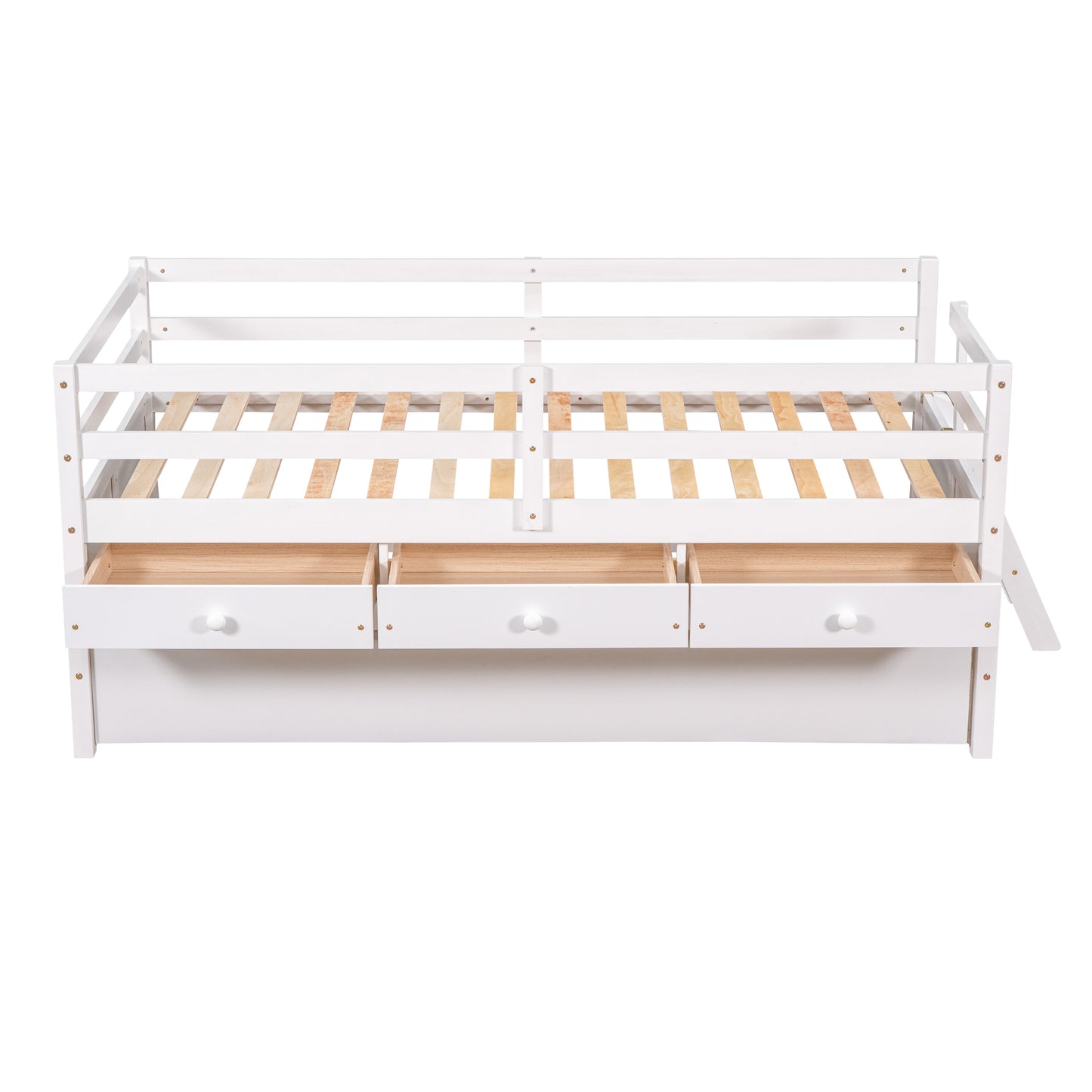 Low Loft Bed Twin Size with Full Safety Fence, Climbing ladder, Storage Drawers and Trundle White Solid Wood Bed