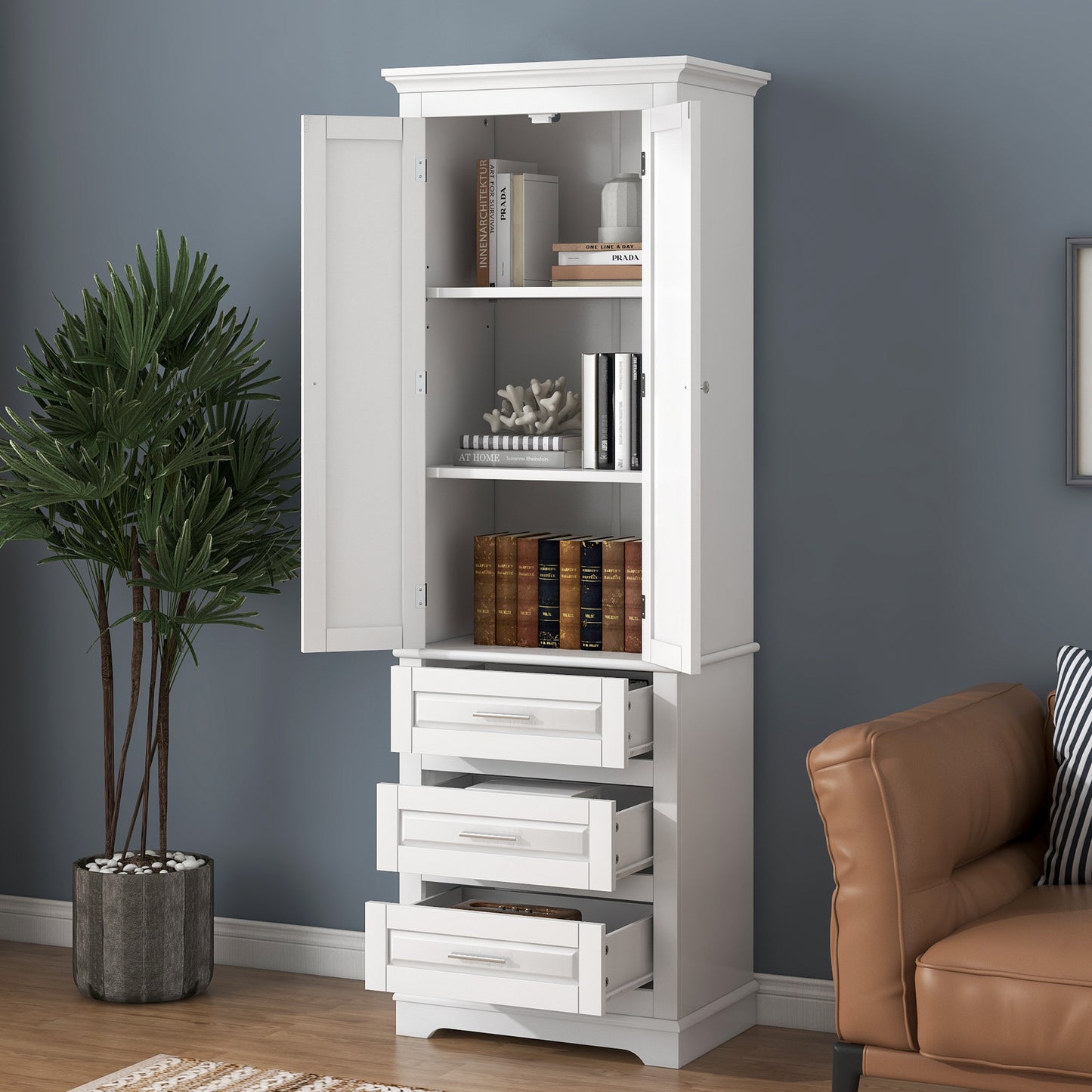 Tall Storage Cabinet with Three Drawers for Bathroom/Office, White