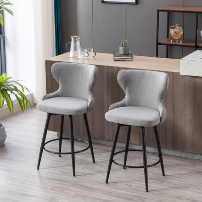 A&A Furniture,Counter Height 25" Modern Linen Fabric Counter Chairs,180° Swivel Bar Stool Chair for Kitchen,Tufted Cupreous Nailhead Trim Burlap Bar Stools with Metal Legs,Set of 2 (Gray)