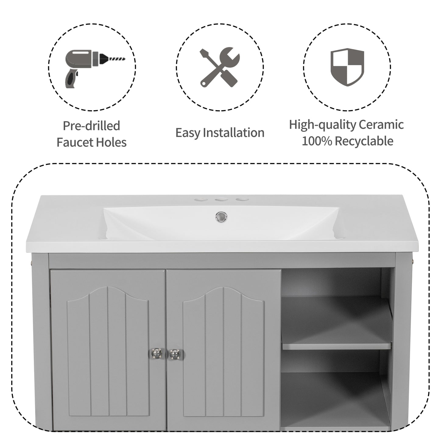 36" Single Bathroom Vanity Top with White Basin, 3-Faucet Holes, Ceramic