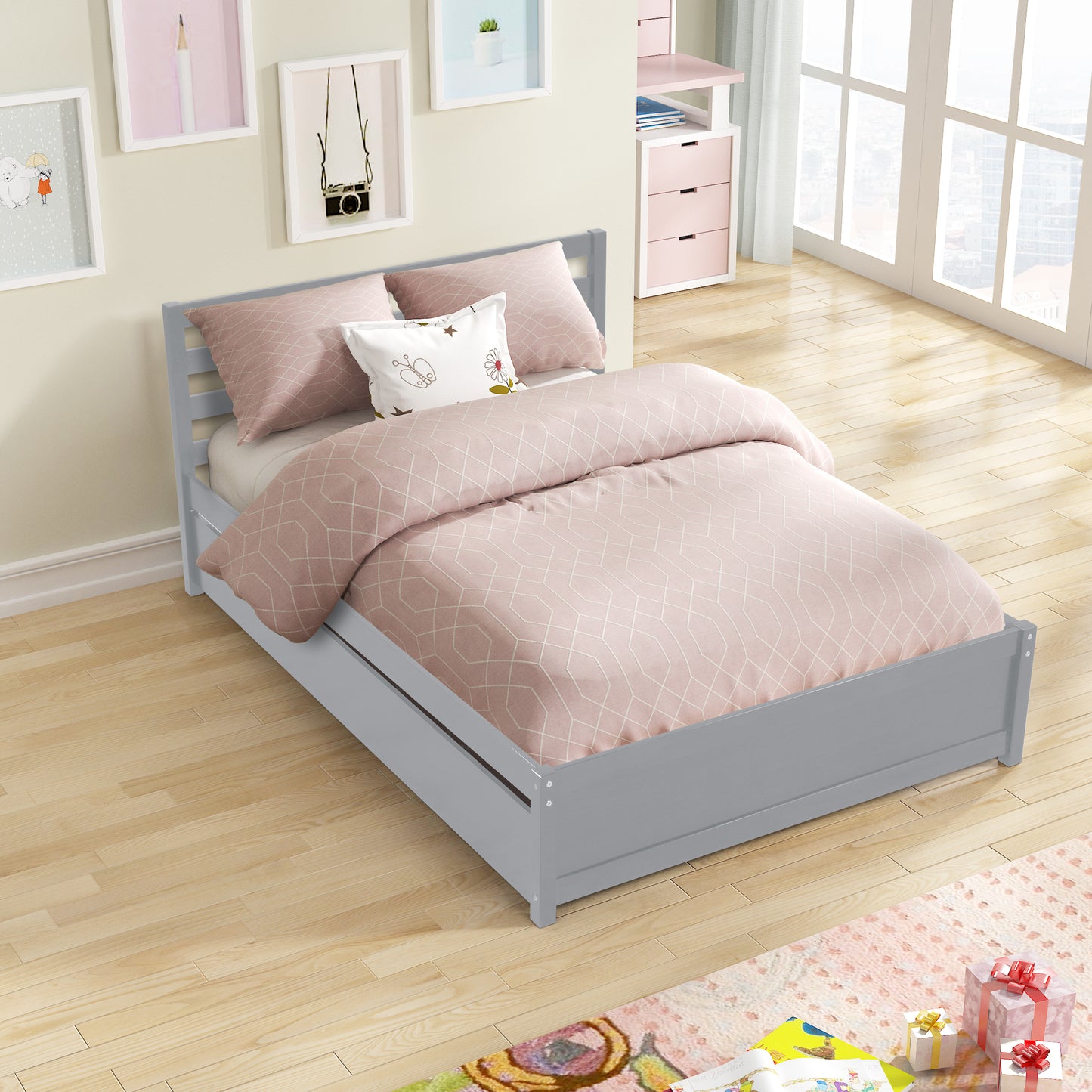 Full Size Wood Platform Bed Frame with Headboard and Twin trundle