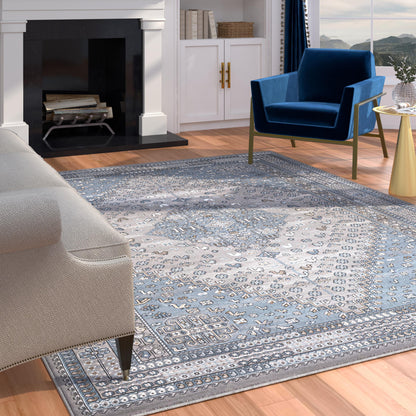 Gabriella Medallion Grey, Blue, Ivory and Beige Viscose Area Rug 5x8