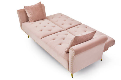 [New+Video]Pink velvet nail head sofa bed with throw pillow and midfoot