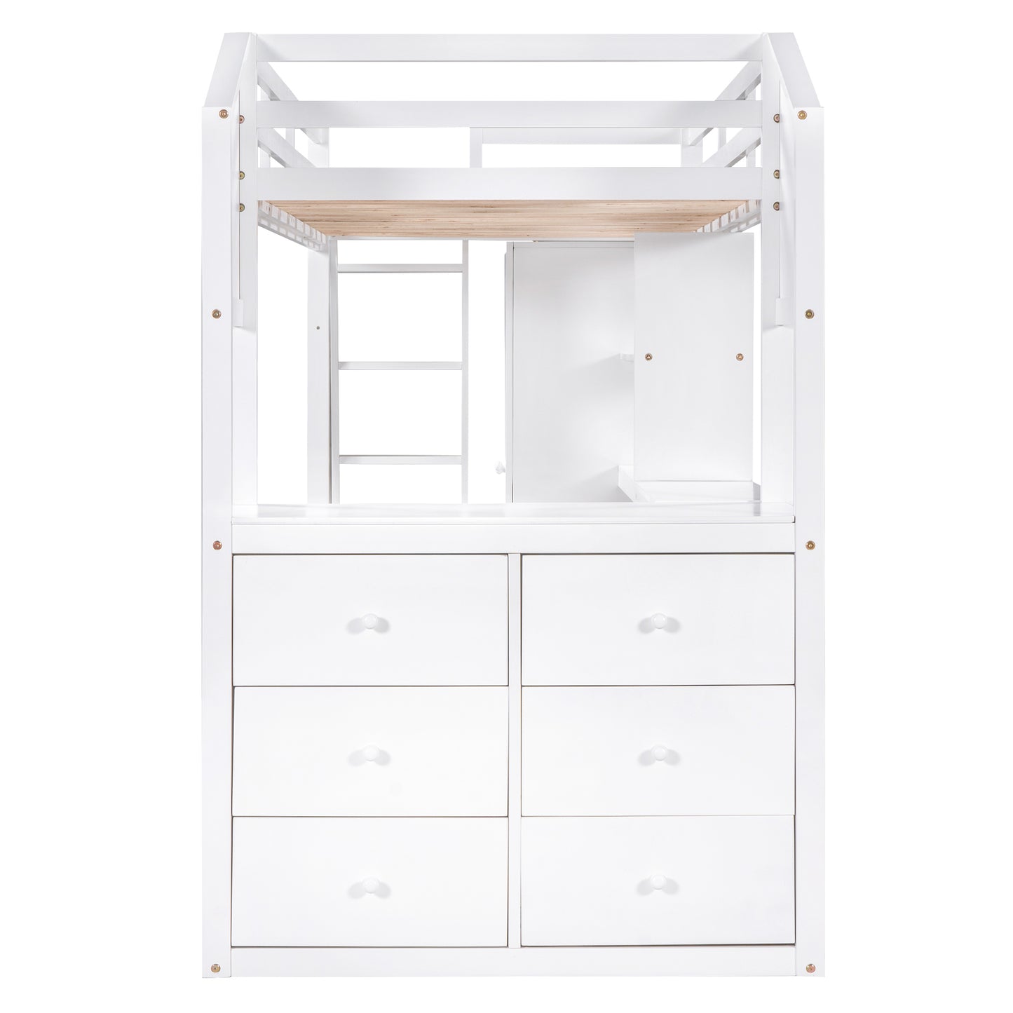 Twin Size Loft Bed with Wardrobe and Drawers, attached Desk with Shelves, White