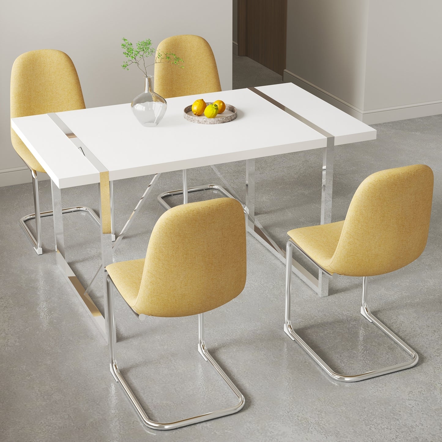 Dining Chairs Set of 4,Spoon shape Modern Style Dining Kitchen Room Upholstered Side Chairs， Accent Chairs with Soft Linen Fabric Cover Cushion Seat and plating Metal Legs Yellow office chair