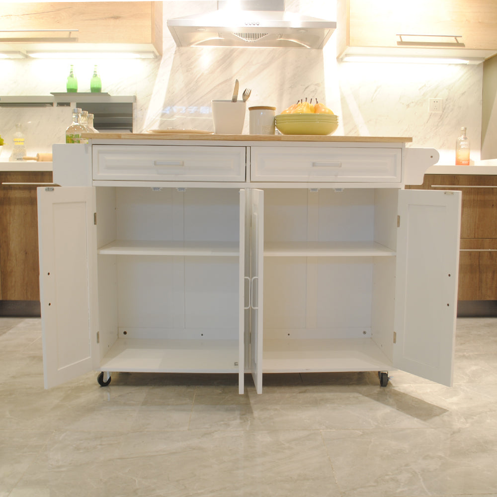 Kitchen Island & Kitchen Cart, Mobile Kitchen Island, Rubber Wood Top, Big & Adjustable Shelf Inside Cabinet for Different Utensils, Luxury Design Fits Party at Different Site.