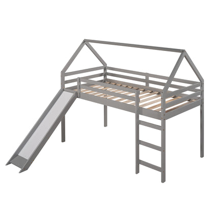 Twin Size Loft Bed with Slide, House Bed with Slide,Gray(OLD SKU :WF281158AAE)