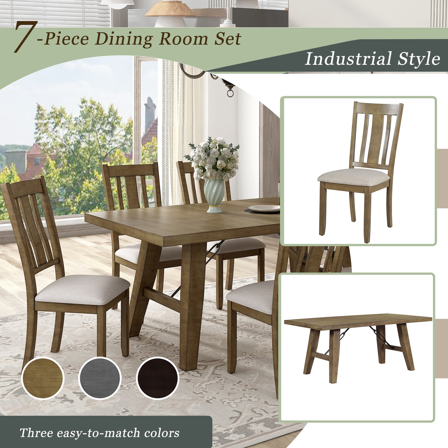 TREXM 7-Piece Dining Room Set - 72" Industrial Style Rectangular Table with Chain Bracket and 6 Dining Chairs (Natural Walnut)