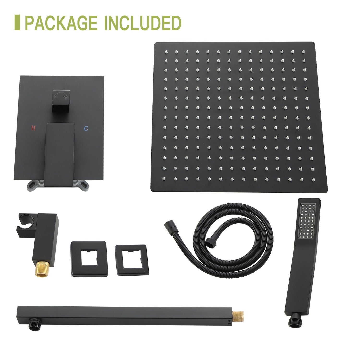 Shower set - 12 inch square shower set,  Dual Shower Heads, simple classic shape, Matte Black