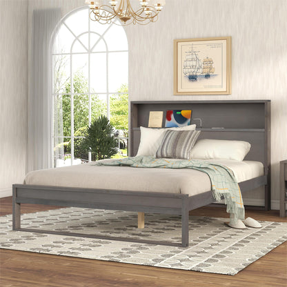 Platform Bed with Storage Headboard,Sockets and USB Ports,Queen Size Platform Bed,Antique Gray