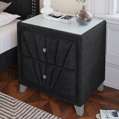 Contemporary Velvet Upholstered Glass Top Nightstand End table with Two Drawers Gray Solid Wood,Black