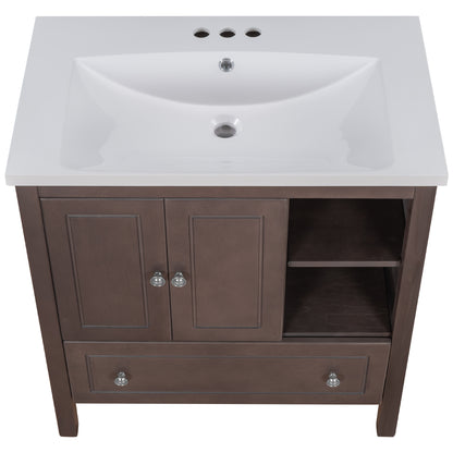 [VIDEO] 30" Bathroom Vanity with Sink, Bathroom Storage Cabinet with Doors and Drawers, Solid Wood Frame, Ceramic Sink, Brown