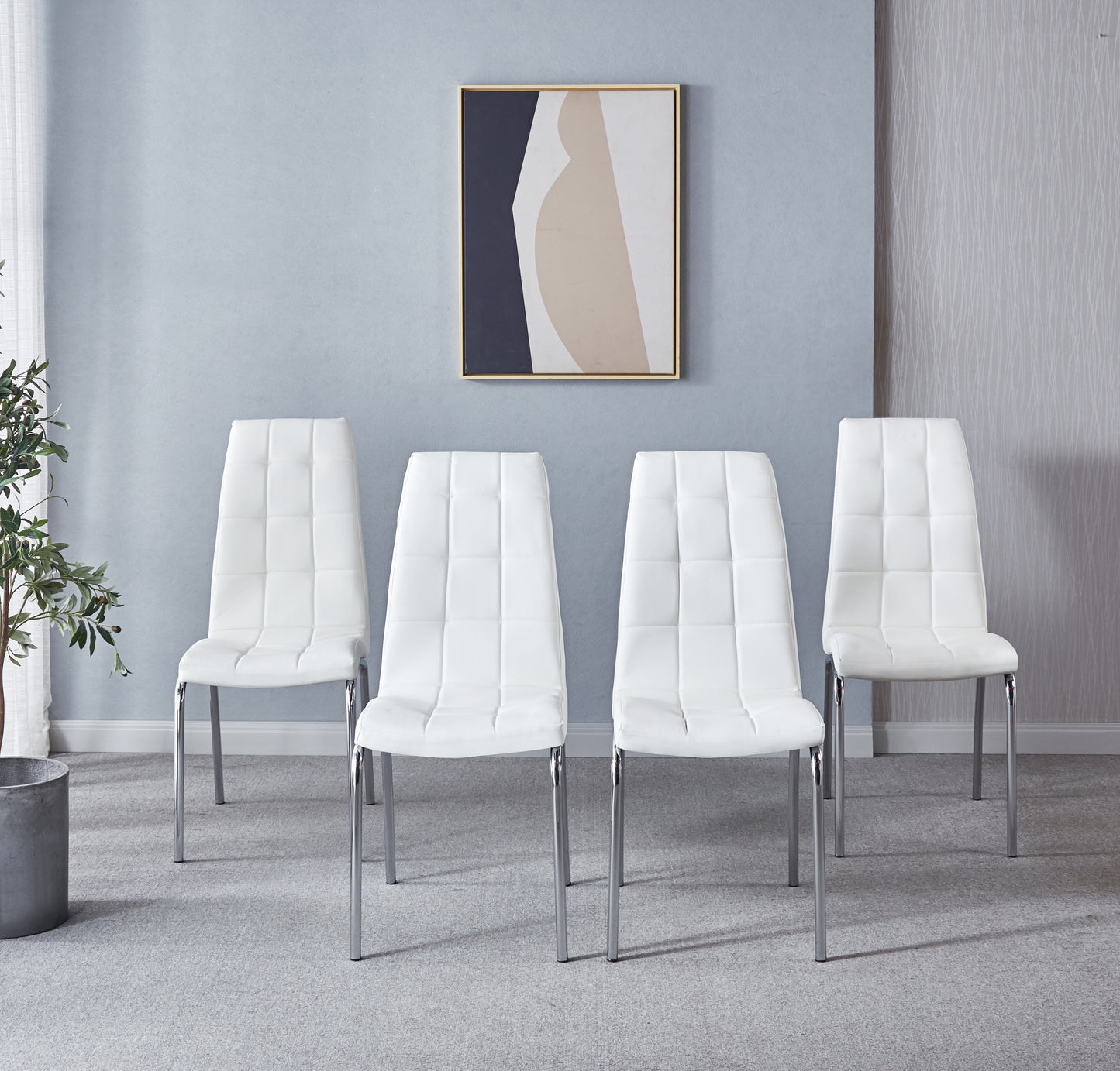 Modern Lattice Design Leatherette Dining Chair with Silver Metal Legs Set of 4