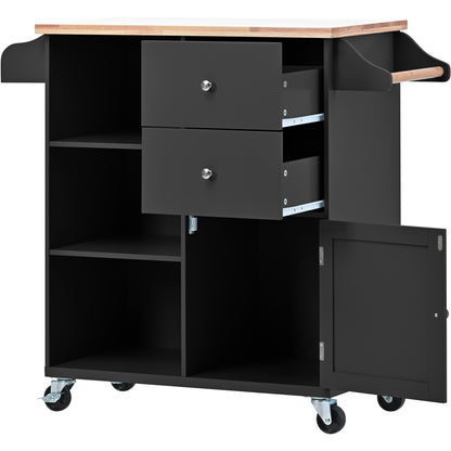 K&K Store Kitchen Cart on 4 Wheels with 2 Drawers and 3 Open Shelves, Kitchen Island with Rubber Wood top for Dinning Room, Black