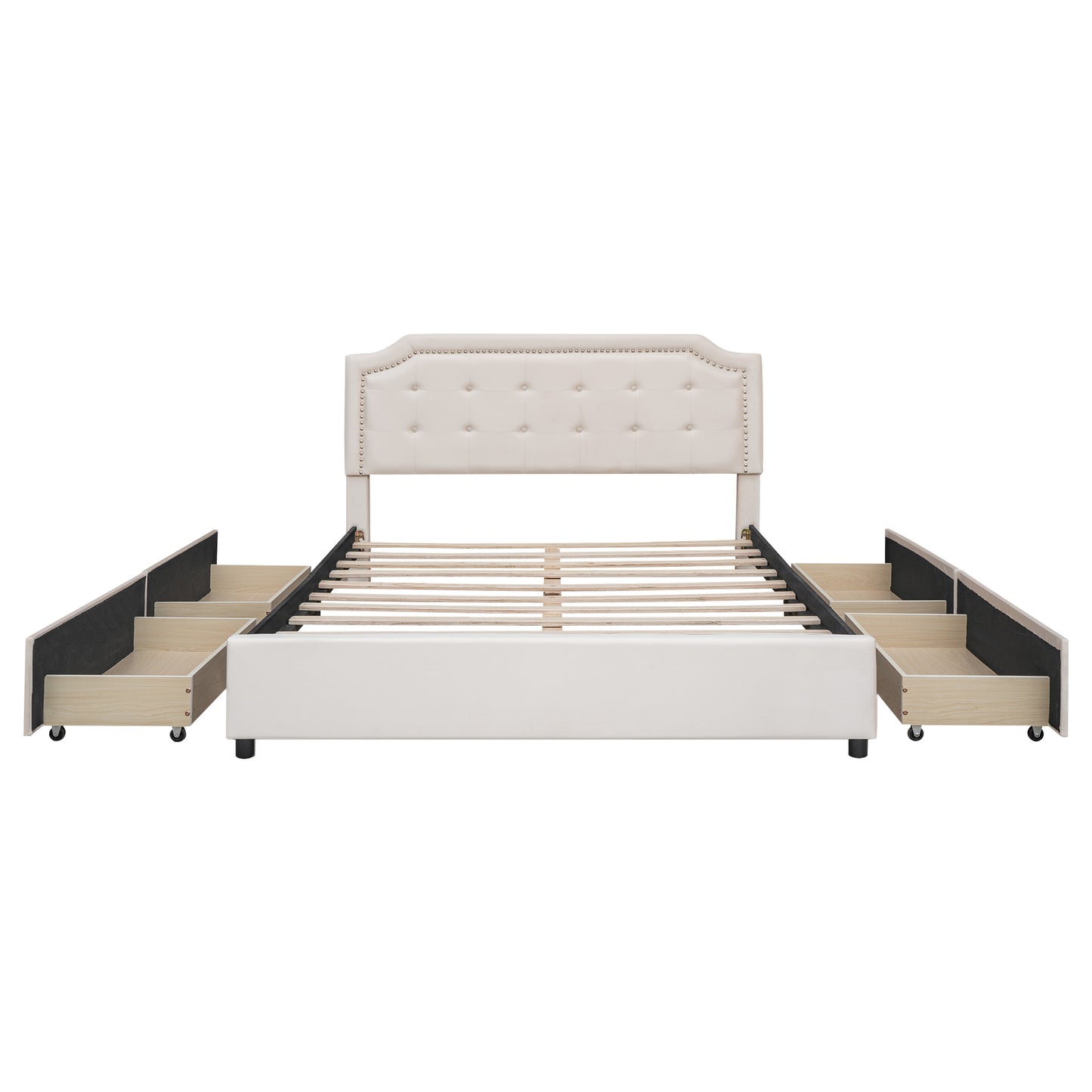 Upholstered Platform Bed with Classic Headboard and 4 Drawers, No Box Spring Needed, Velvet Fabric, Queen Size Beige