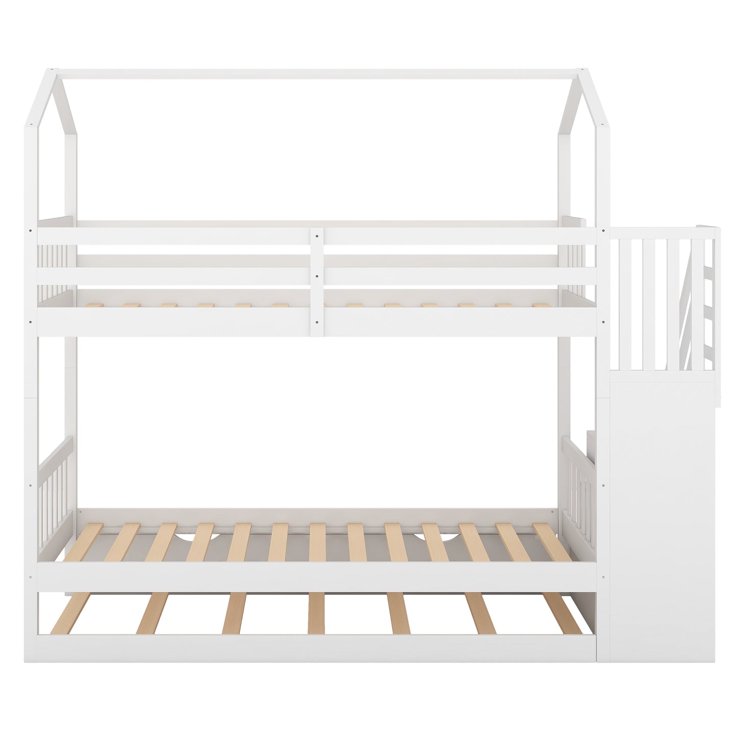 Multifunctional Twin over Twin House Bunk Bed with Staircase and Storage Space,White