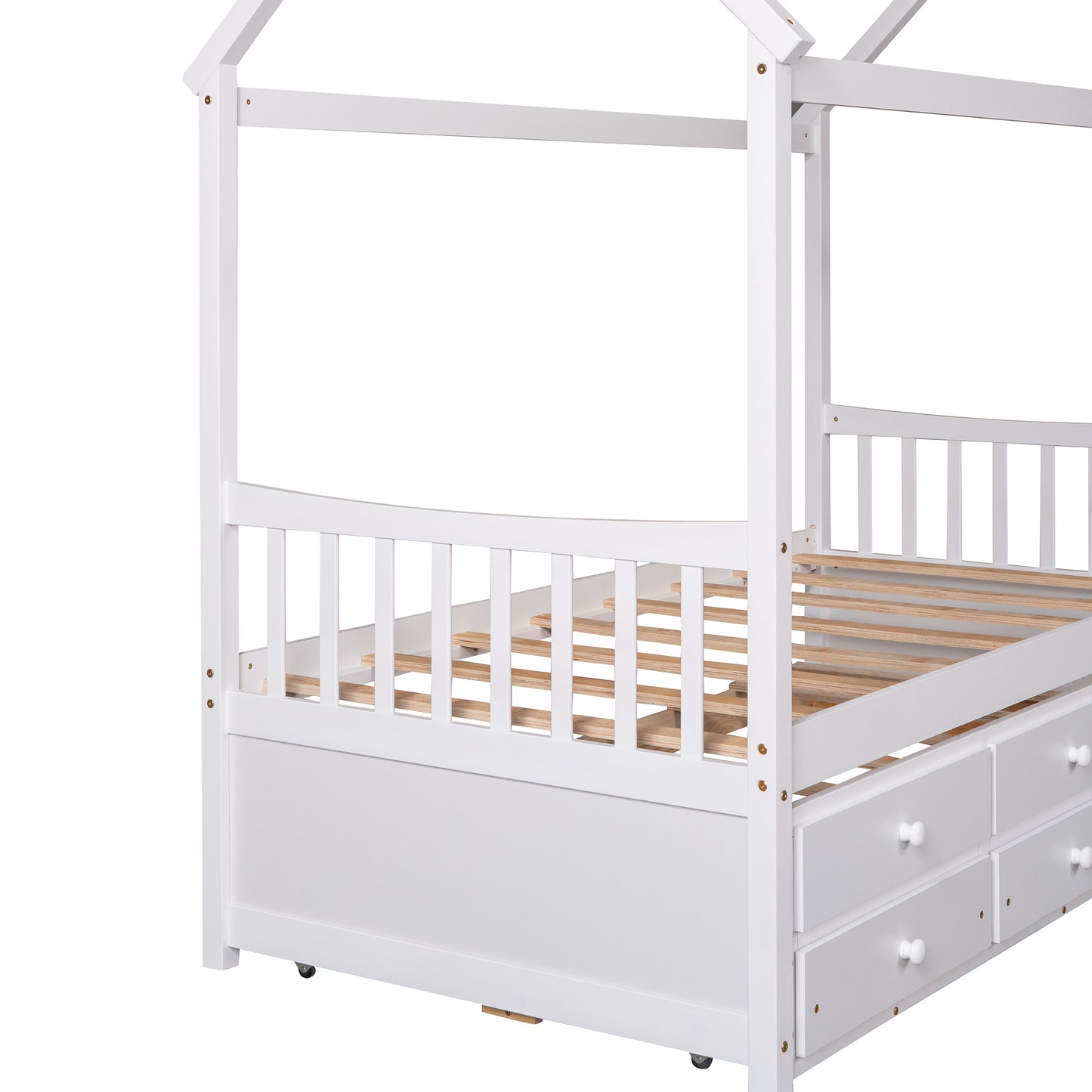 Twin size Wooden House Bed with Trundle and 3 Storage Drawers-White