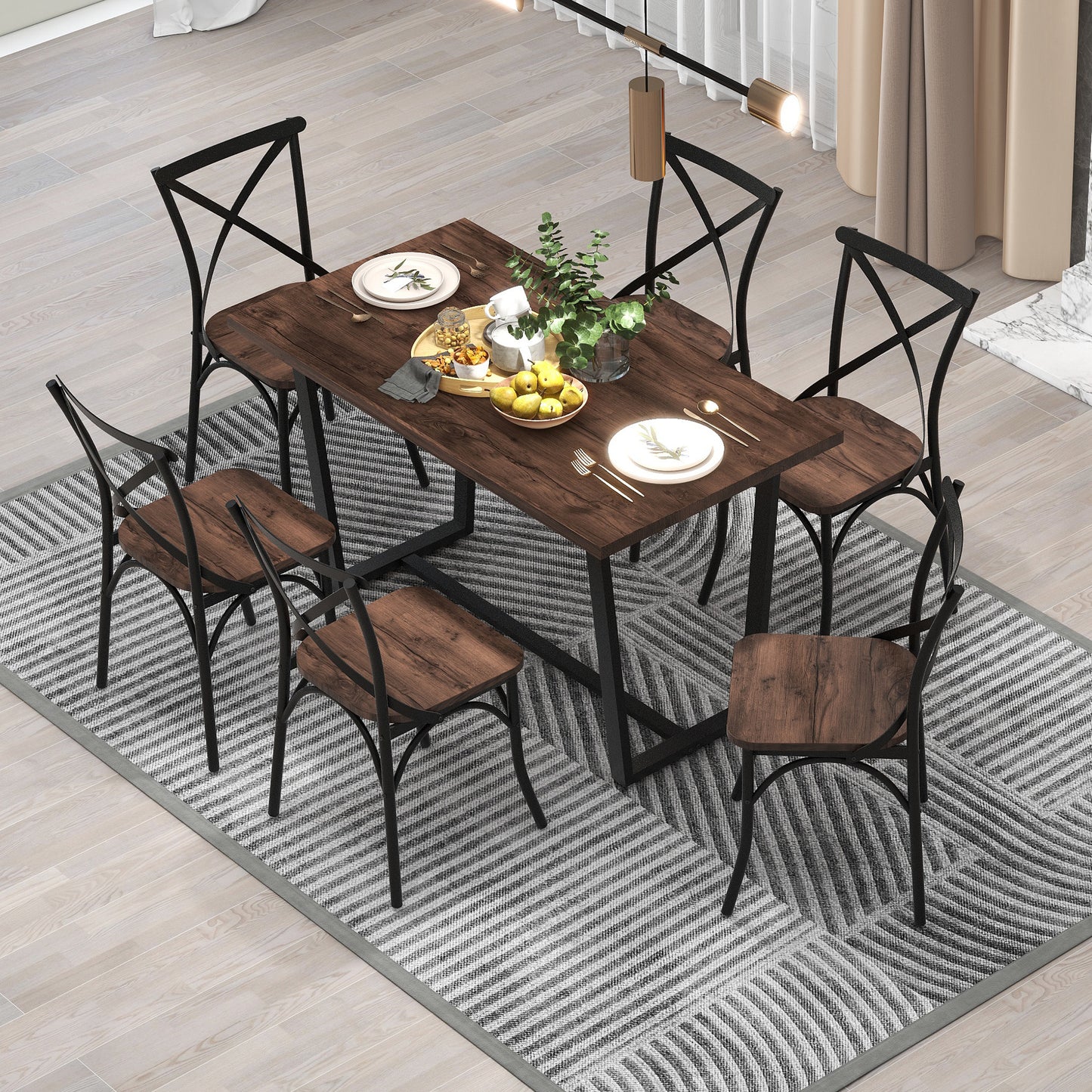 TREXM 7 Piece Industrial Dining Table Set Rectangular Table with 6 Dining Chairs Kitchen Table Set with Metal Frame (Rustic Brown)