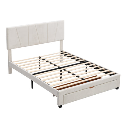 Queen Size Upholstery Platform Bed with One Drawer,Adjustable Headboard, Beige