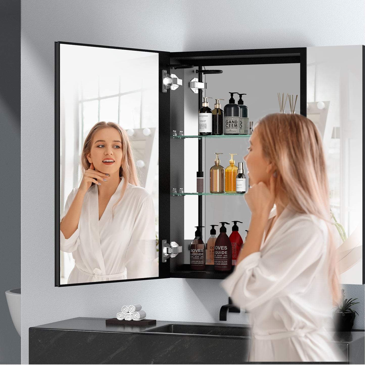 30x30 Inch Bathroom Medicine Cabinets Surface Mounted Cabinets With Lighted Mirror Left Defogging, Small Cabinet No Door