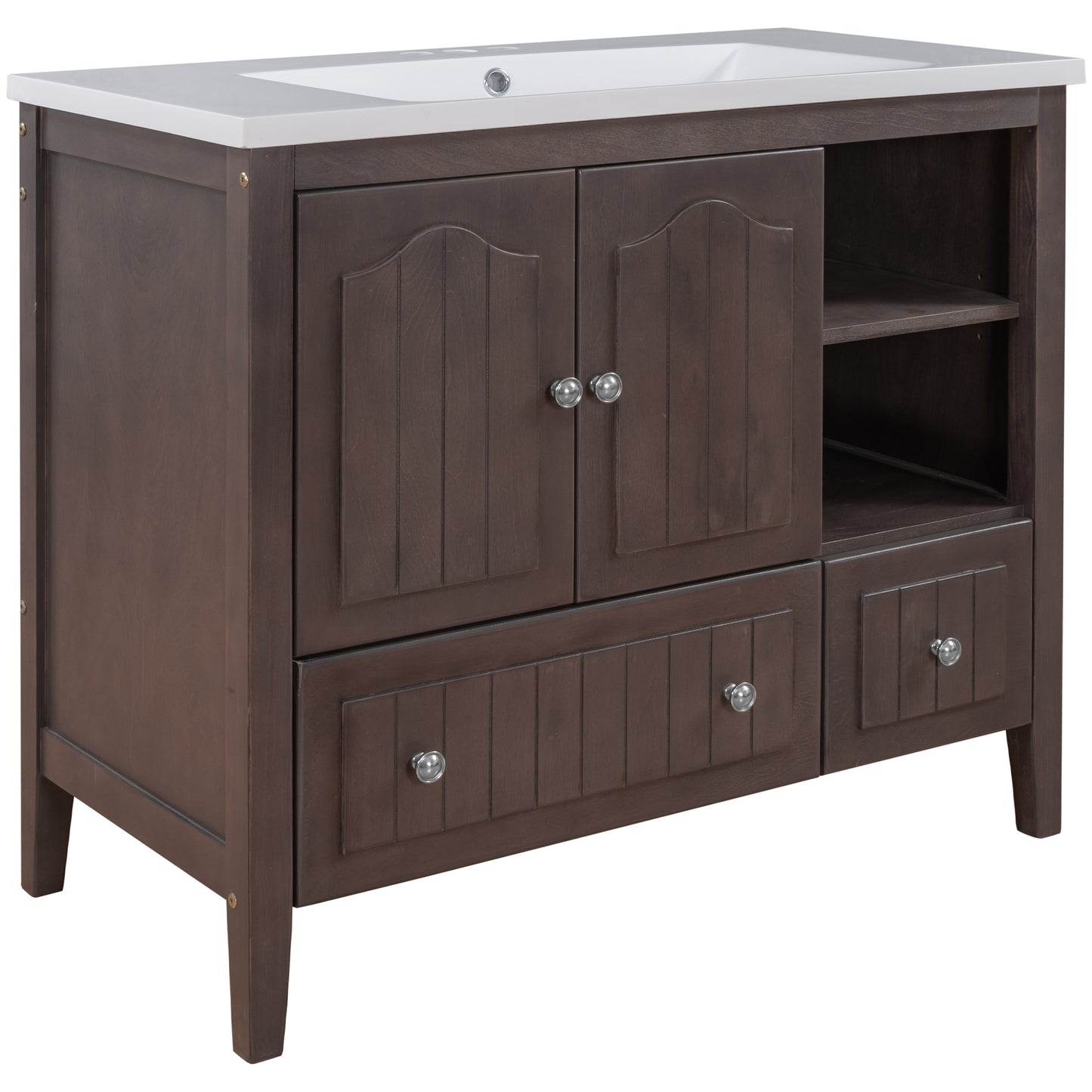 [VIDEO] 36" Bathroom Vanity with Ceramic Basin, Bathroom Storage Cabinet with Two Doors and Drawers, Solid Frame, Metal Handles, Brown