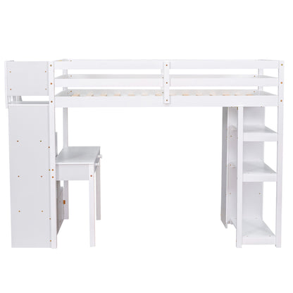 Twin size Loft Bed with Storage Drawers ,Desk and Stairs, Wooden Loft Bed with Shelves - White