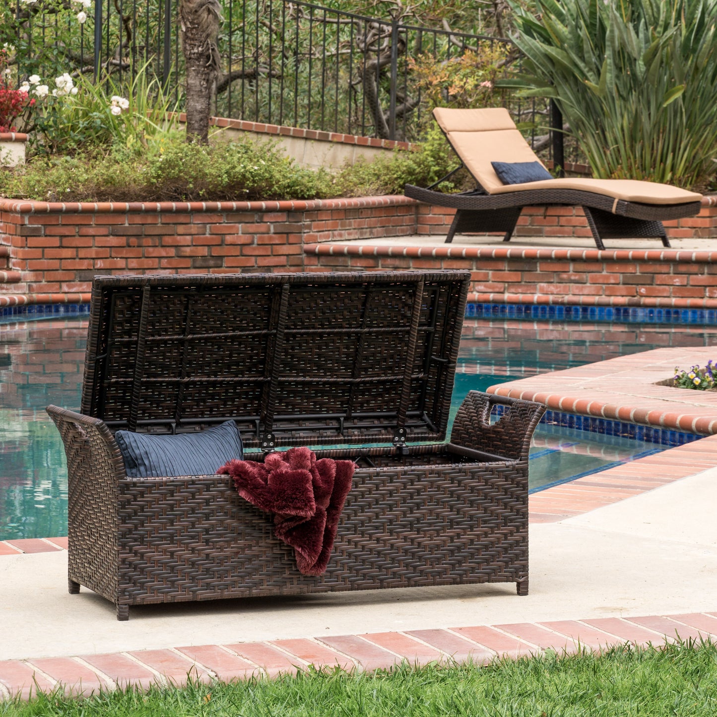 Izidora Outdoor Brown Wicker Storage Ottoman