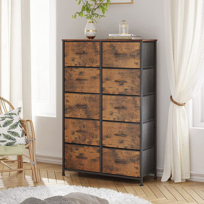 Tall Dresser for Bedroom with 10 Drawers, Chest of Drawers, Fabric Dresser for Nursery, Closets, Storage Organizer Unit with Fabric Bins, Steel Frame, Wood Top, Rustic Brown Wood Grain Print