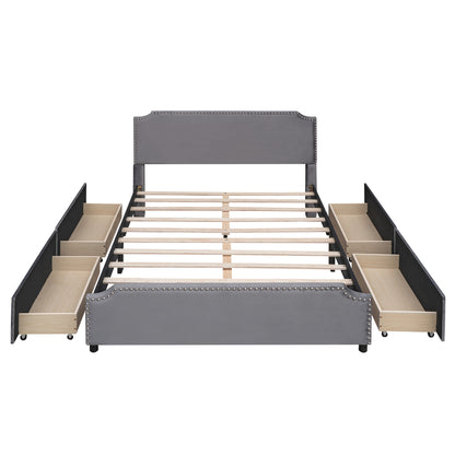 Upholstered Platform Bed with Stud Trim Headboard and Footboard and 4 Drawers No Box Spring Needed, Velvet Fabric, Queen Size (Gray)