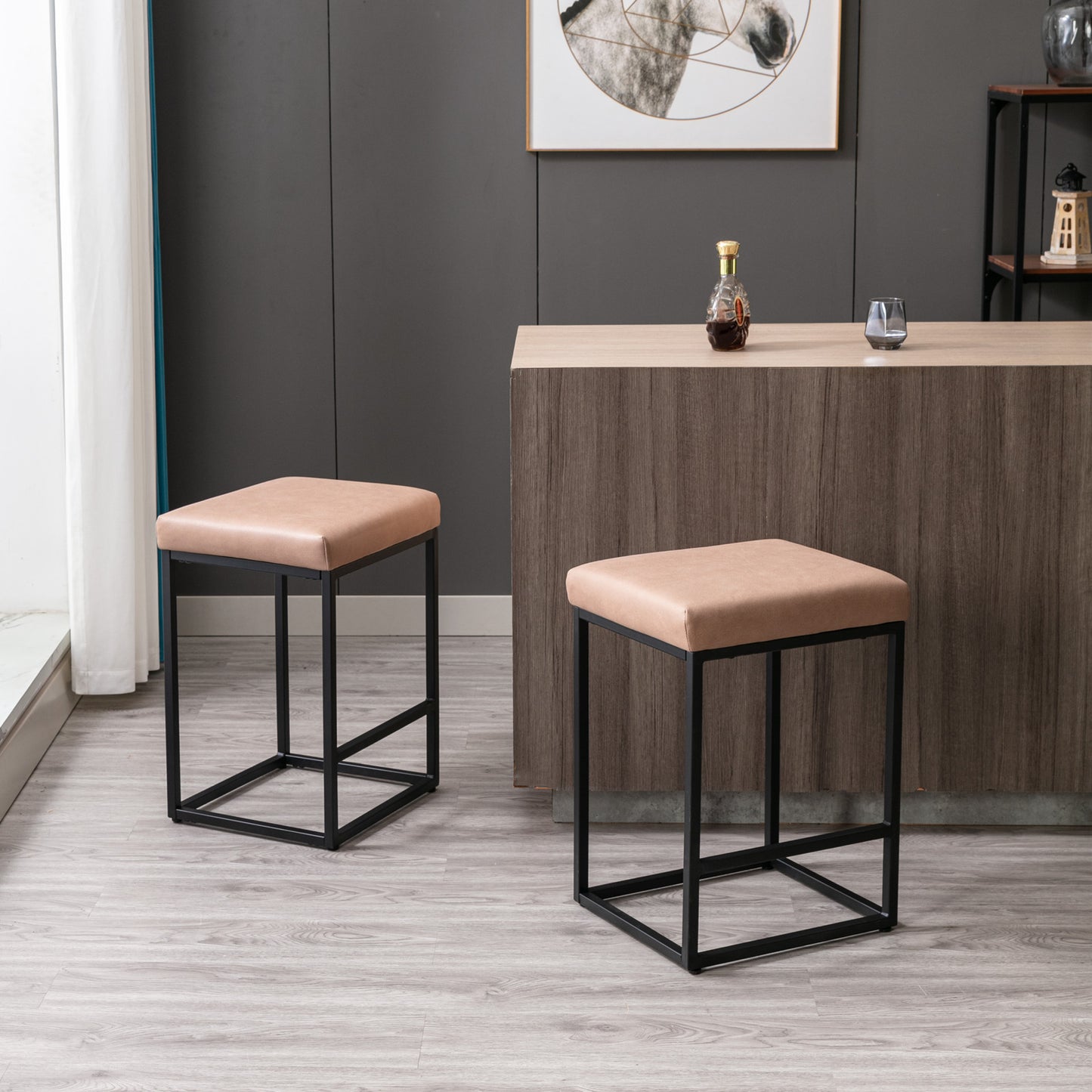 A&A Furniture,Counter Height 24" Bar Stools Set of 2 for Kitchen Counter Backless Modern Barstools Industrial Upholstered Leathaire Fabric Stools Farmhouse Island Chairs,Support 330 LBS,(24 Inch, Khak