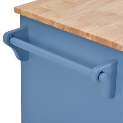 K&K kitchen cart with Rubber wood desktop rolling mobile kitchen island with storage and 5 draws 53 Inch width （Blue）