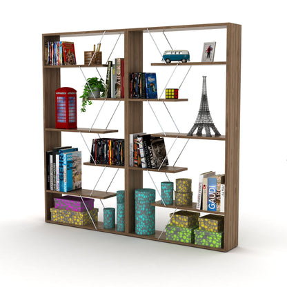 Furnish Home Store Wood Frame Etagere Open Back 6 Shelves Bookcase Industrial Bookshelf for Office and Living Rooms Modern Bookcases Large Bookshelf Organizer, Walnut/Chrome