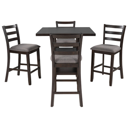 TREXM 5-Piece Wooden Counter Height Dining Set with Padded Chairs and Storage Shelving (Espresso)