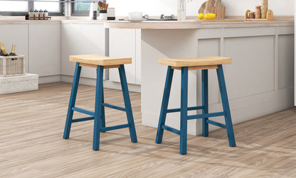 TOPMAX Farmhouse Rustic 2-piece Counter Height Wood Kitchen Dining Stools for Small Places, Light Walnut+Blue