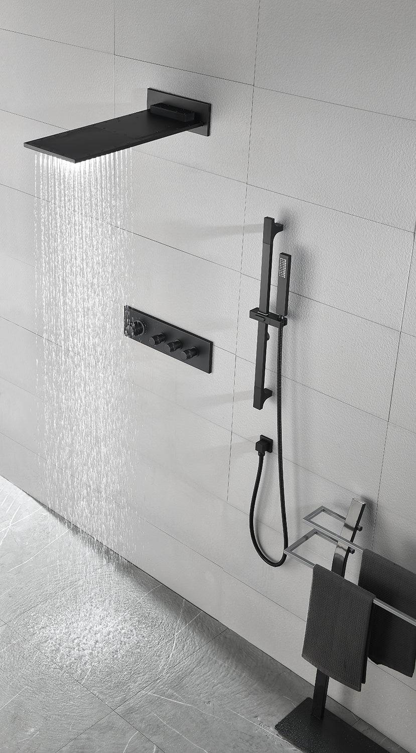 Shower System Square Bathroom Luxury Rain Mixer Shower Combo Set Pressure Balanced Shower System with Shower Head, Hand Shower, Slide Bar, Shower Arm, Hose, and Valve Trim