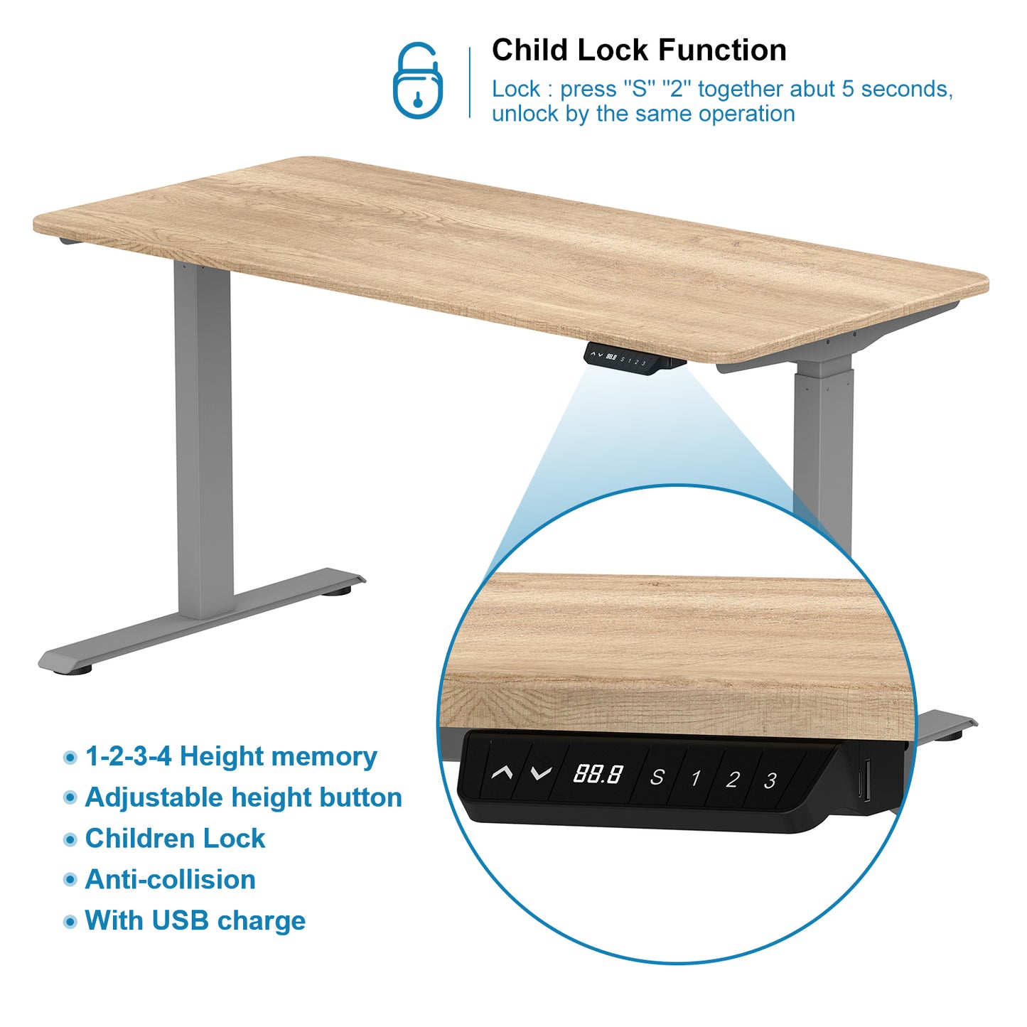 Electric Standing Desk  with Dual Motor Height Adjustable Sit Stand Desk Computer Workstation with USB Charge
"	
，Silver Grey