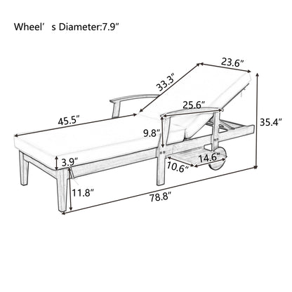TOPMAX Outdoor Solid Wood 78.8" Chaise Lounge Patio Reclining Daybed with Cushion, Wheels and Sliding Cup Table for Backyard, Garden, Poolside,Brown Wood Finish+Blue Cushion